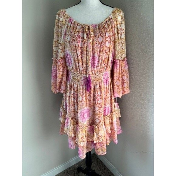 Taylor Tiered Tie-Front Pink Yellow White Ruffled Mini Dress Sz 10 NWT - Picture 2 of 5